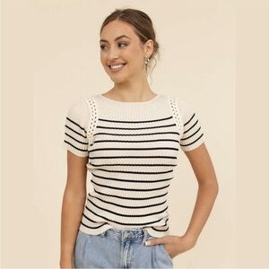 EUC Zoe and Claire Crochet Striped Cream and Black Short Sleeved Sweater